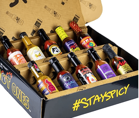 Hot Ones TV show 10-pack of sauces from Amazon that would make a unique employee gift idea.