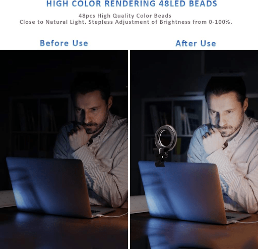An image of a man working at a computer with a ring light, vs. without a ring light. The one with the ring light is bright and is an example of how you can look better or a zoom meeting.