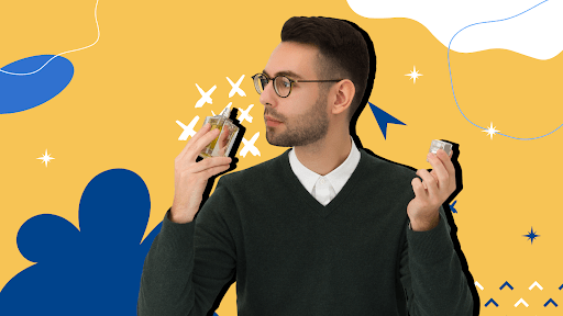 A man with glasses on is smelling a perfume bottle, which represents the world's most attractive scent.