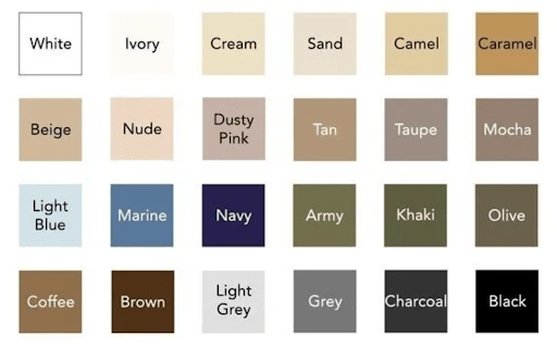 An image showing a bunch of examples of neutral color tones as a suggestion for how to dress for a zoom interview.