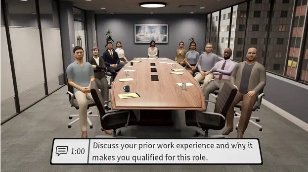 An image from a virtual reality game of a bunch of people sitting around a board room table looking directly at you. It's called ovation, and it can help you get better at speaking in front of a board room and develop the skills to become a more articulate speaker.