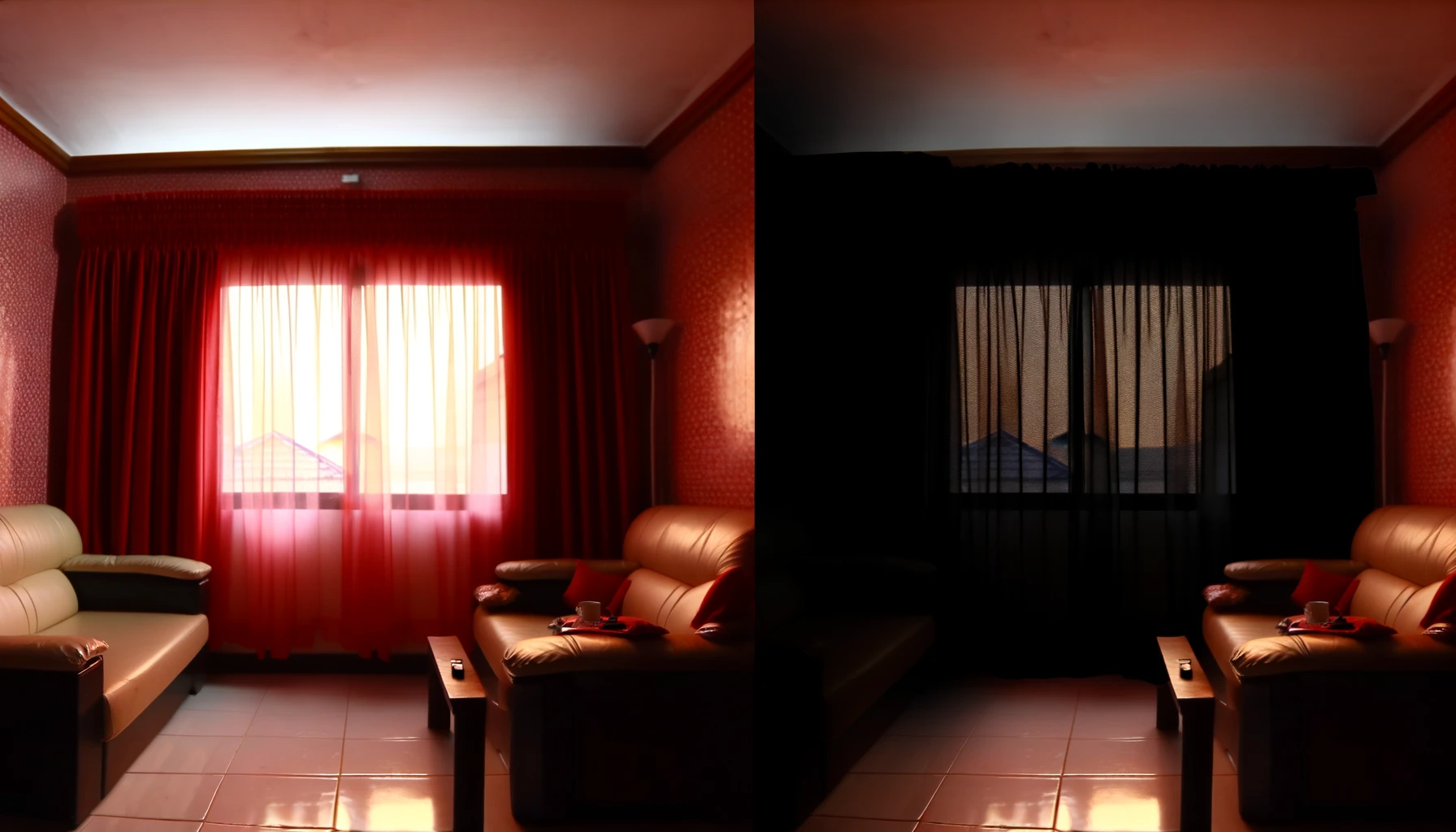 Translucent red curtains allow a soft light to glow on the left, while opaque black curtains create darkness on the right.