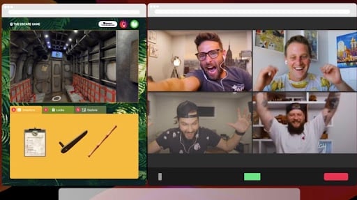 A group of four men on zoom playing a virtual escape room together (half the image is their zoom videos and the other half is the game). They are laughing and cheering and look like they are having fun playing their zoom game.