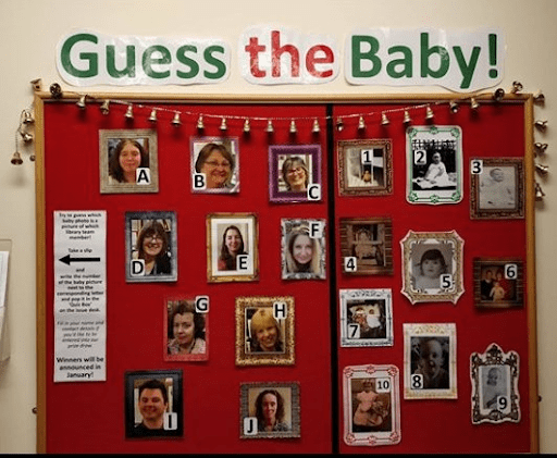 An image of a bulletin board idea with the title "guess the baby!". On the right side there are headshots of employees and on the right side is their baby photos, that you have to try and match up.