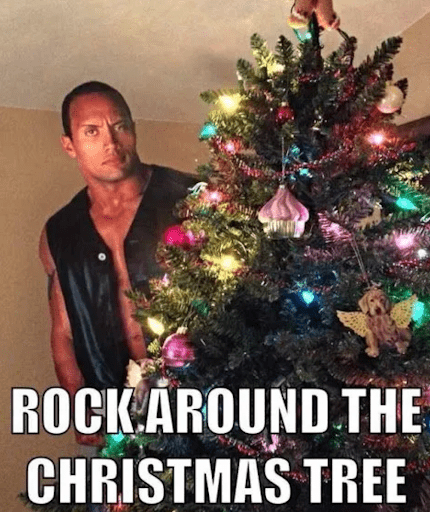 A meme of a Christmas Tree with Dwayne Johnson (aka The Rock) behind it raising his eyebrow. It says "Rock Around the Christmas Tree". This relates to the article which is about Trivia Questions.