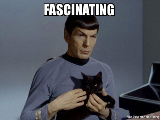 A meme from Startrek with a man holding a black cat that says "fascinating". This relates to the article which is about Trivia Questions.