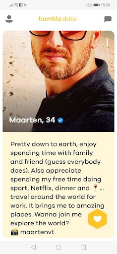 An image of a bumble dating profile with a bio and an image of a 34-year old man. This is an example of how to write a profile that perfectly expresses who they want to attract and includes enough information to get to know the individual.

