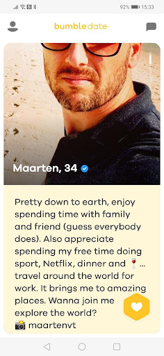 An image of a bumble dating profile with a bio and an image of a 34-year old man. This is an example of how to write a profile that perfectly expresses who they want to attract and includes enough information to get to know the individual.