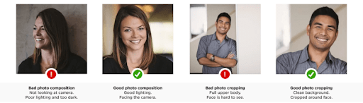 An image showing two do's and two don'ts when it comes to creating good quality profile photos. The examples given show good composition and good cropping, and well as what bad composition and cropping look like. A good profile photo is one step in the process of how to write a profile.