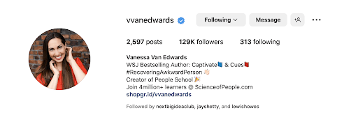An image of Vanessa Van Edward's Instagram profile, showing casing her captivating intro as an example for how to write a profile.