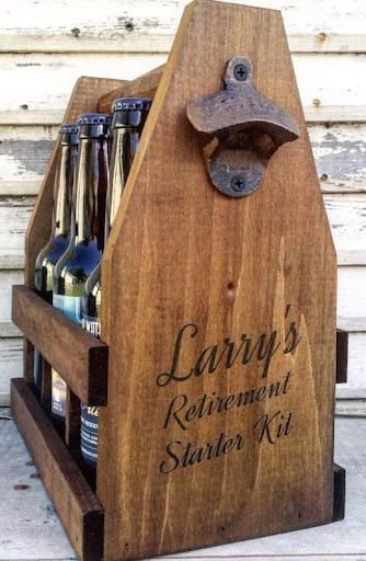 An image of one of many retirement gift ideas, a personalized Beer caddy from Etsy