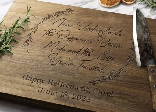 An image of one of many retirement gift ideas, a Customized cutting board