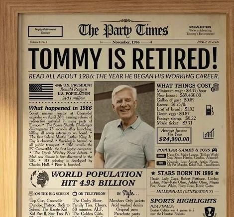 An image of one of many retirement gift ideas, a Personalized newspaper announcement 