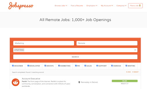 An image showing a company's website called Jobspresso. Jobspresso offers curated job listings and doesn’t require an account to start your search. This is helpful to know for someone who is on a remote job search.
