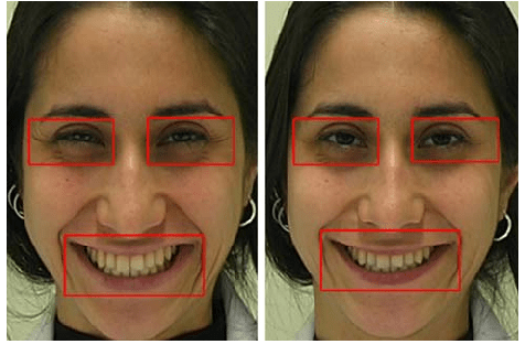 An image from researchers where the left image is a genuine smile, and the right image is a fake smile.