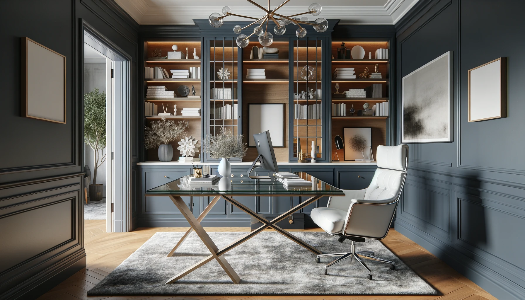 Glass desk, blue cabinetry, chic office.