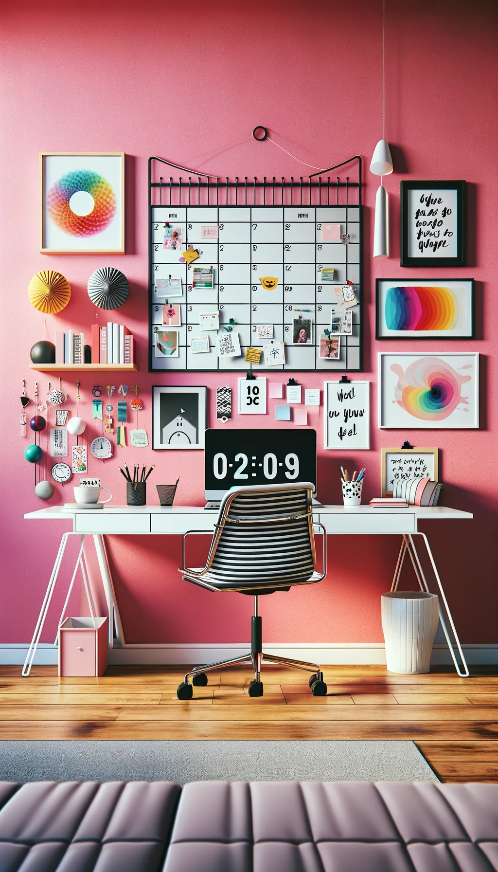 Pink office wall, white desk, art decor.