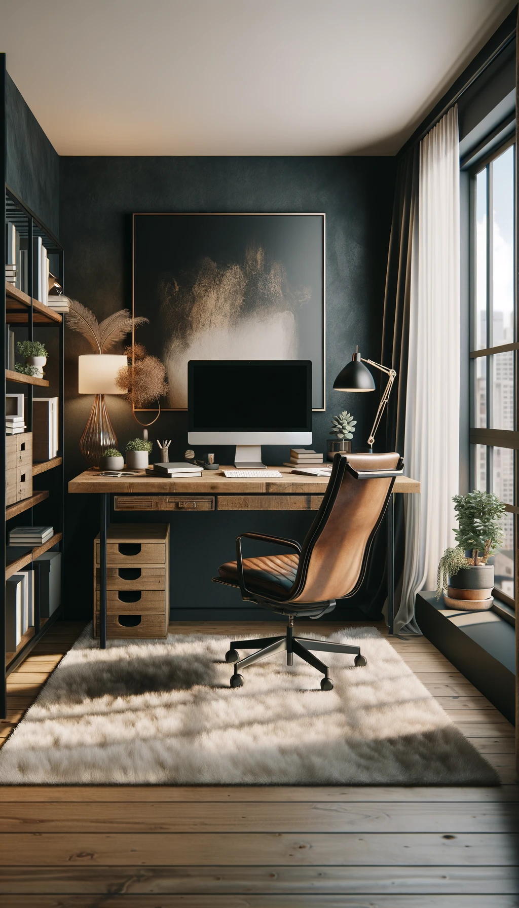 Dark wall, wooden desk, cozy office.