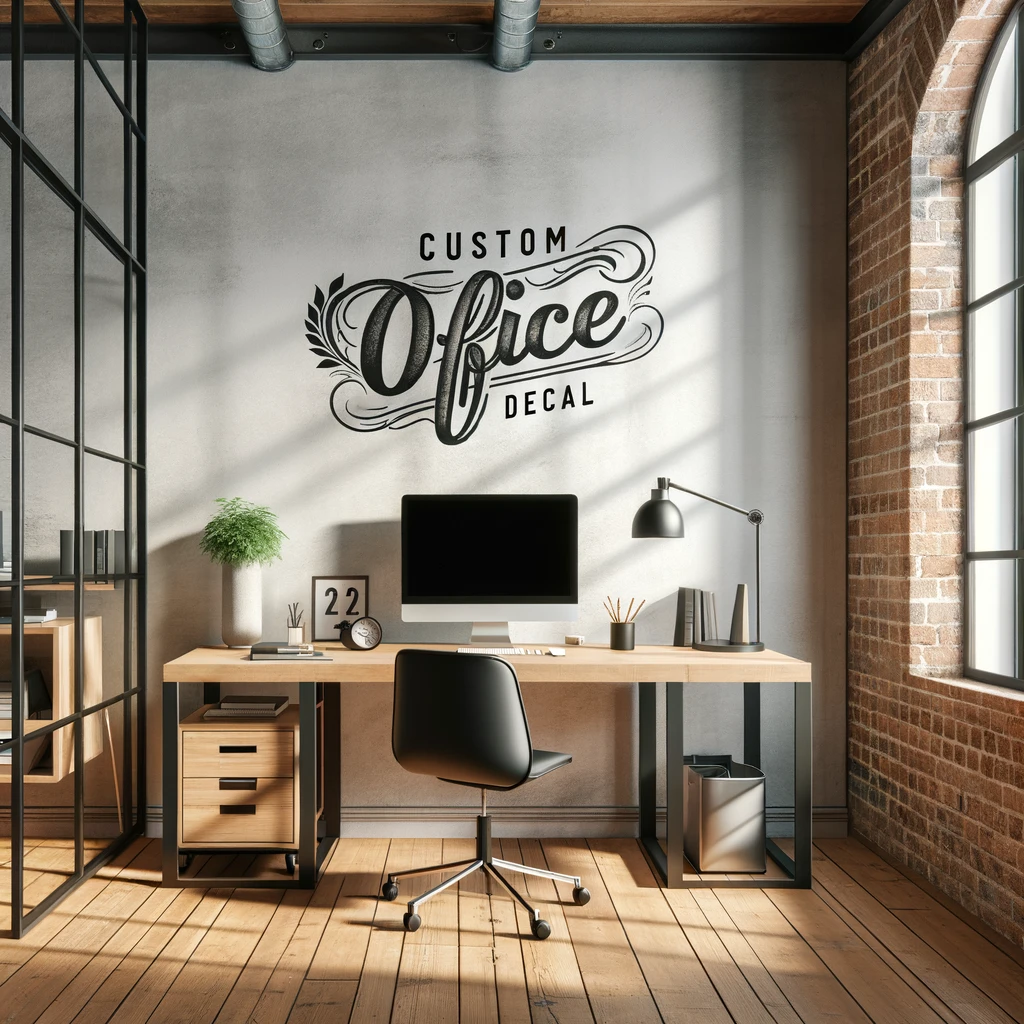 Minimalist office with wall decal.