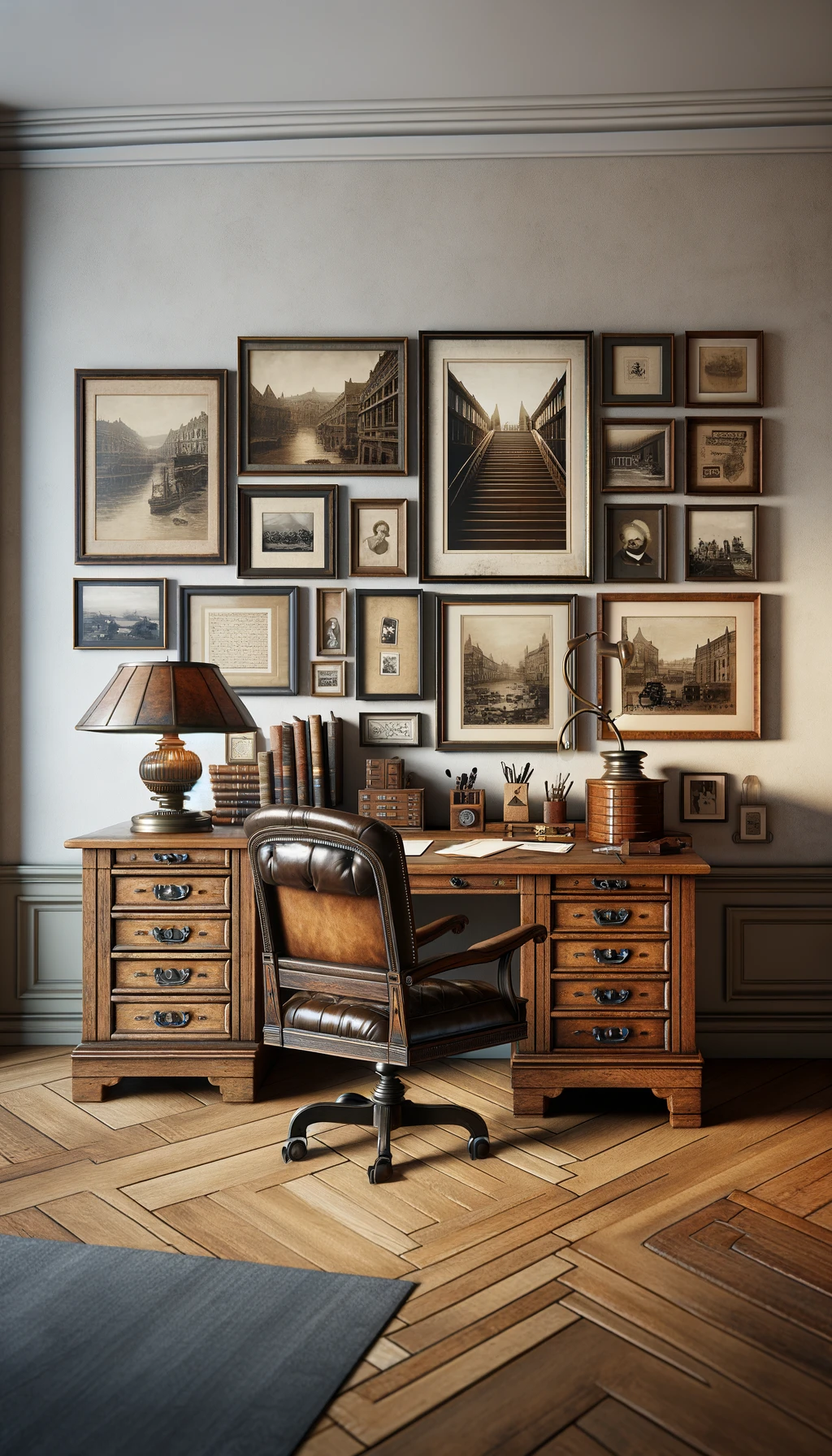 Antique desk, gallery wall, classic vibe.