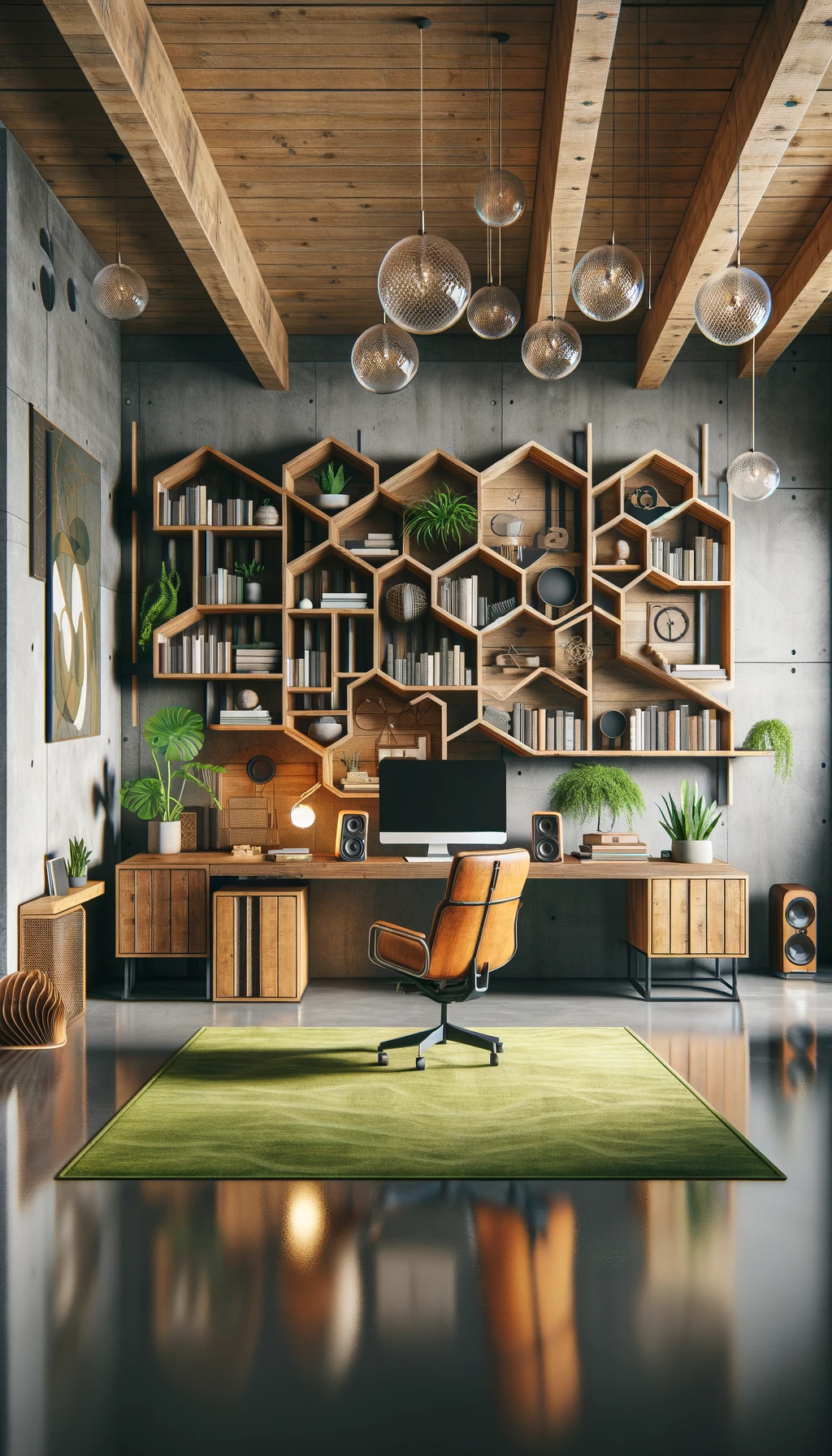 Industrial office with geometric shelves.