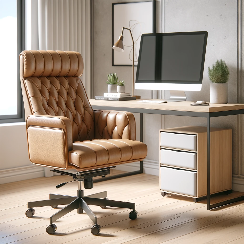 Modern office: caramel chair, desk, computer.