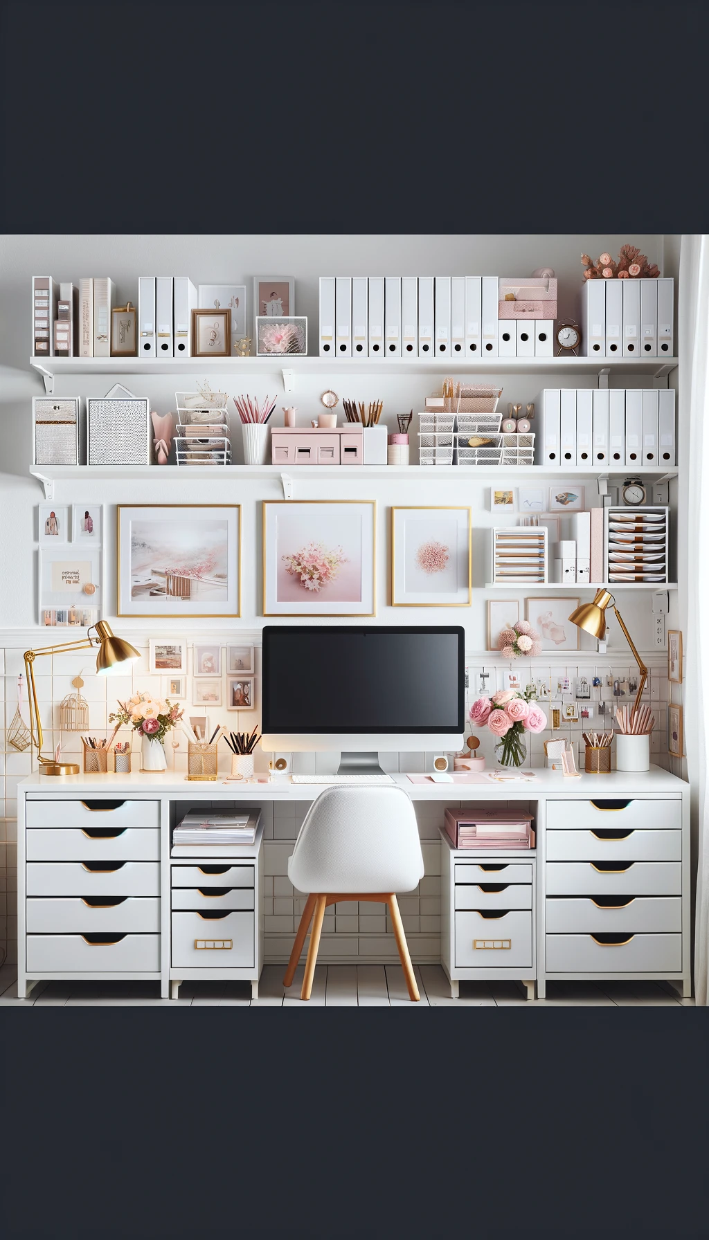 Chic desk setup with white and gold tones.