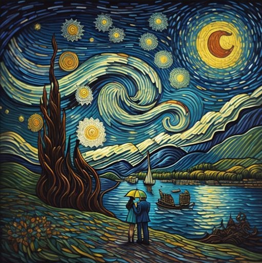 Digital art by Imagine, Art which was created by putting in the AI prompt "Create a digital artwork inspired by Van Gogh's 'Starry Night' using bright, saturated colors. The composition should focus on a serene lakeside with a vibrant star-filled sky overhead, but incorporate modern elements like skyscrapers in the background and a person with an umbrella as the focal point."
