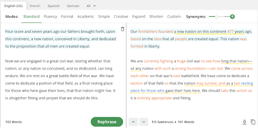 A screenshot image of the AI writing tool for content called Quillbot. a simpler AI writing tool that focuses on re-writing. You can paste text into Quillbot. It will paraphrase what you wrote. It can help you avoid plagiarism, and it keeps track of what changes it made to your text with color coding.