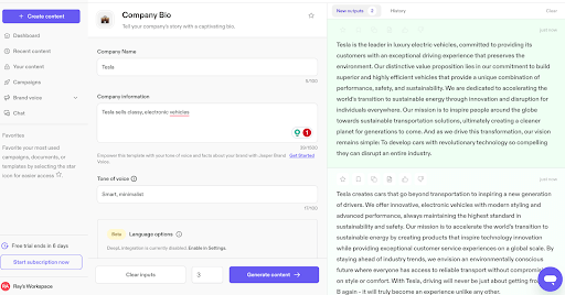 A screenshot image of the AI writing tool for content called Jasper, for business and marketing teams. It works great for copywriting and blog posts.