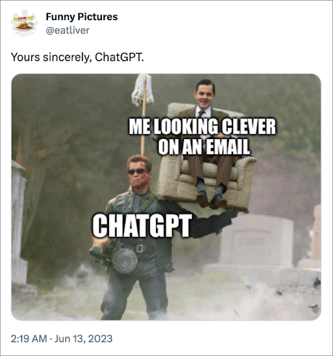 A funny image of the Terminator carrying Mr. Bean on a chair in the air with one hand. The terminator is representing Chat GPT and Mr. Bean is represents "me looking clever on an email." This relates to the article on prompt engineering.