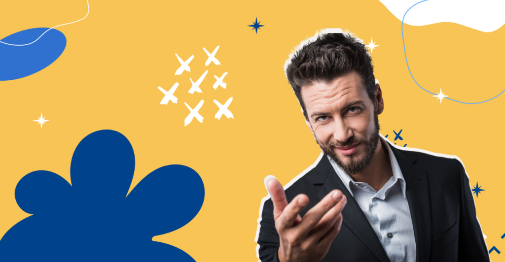 A confident man in a suit stands against a yellow background, gesturing forward with a smirk as if inviting or challenging the viewer.